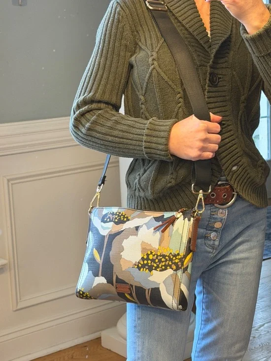 Fossil Boho Floral Coated Canvas Crossbody Bag Brown/Blue Gold (GUC) - Picture 9 of 17